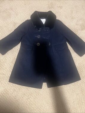 Janie and Jack Dark Navy Double-Breasted Pea Coat with Faux Fur Collar
